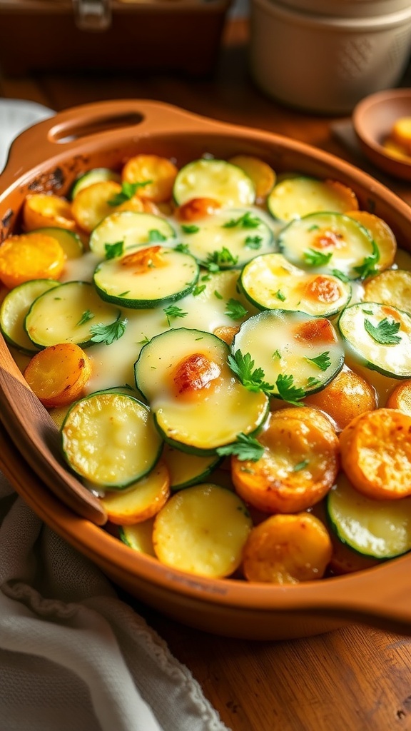 Zucchini and Potato Casserole Recipe A delicious zucchini and potato casserole with cheese, garnished with parsley, on a rustic kitchen table.